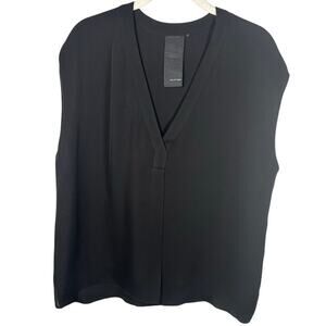 HEATHER 100% Silk Black V-neck Front Slit Sleeveless Blouse Women's Large
